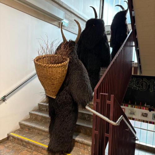 Das Bild zeigt drei Krampusse im Stiegenhaus