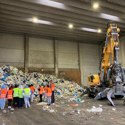 Bild zeigt SchülerInnen vor einem Müllberg