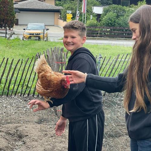 Das Bild zeigt Schüler*innen mit einem Huhn