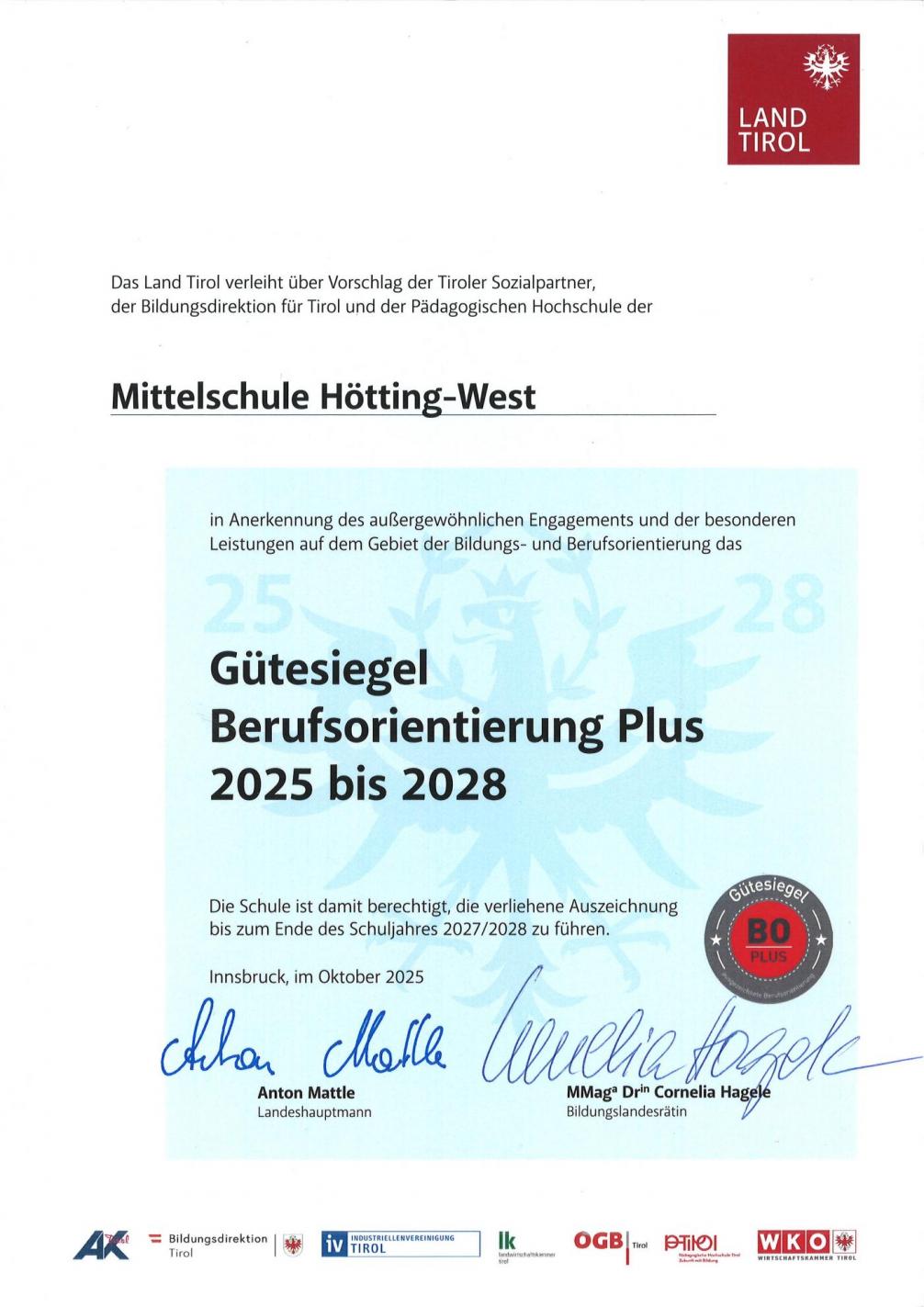 Gütesiegel Berufsorientierung Plus der MS Hötting-West