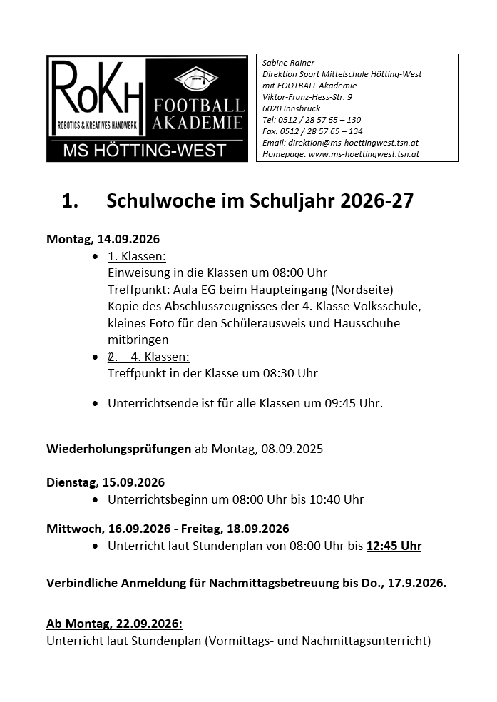Das Bild zeigt Informationen zur ersten Schulwoche